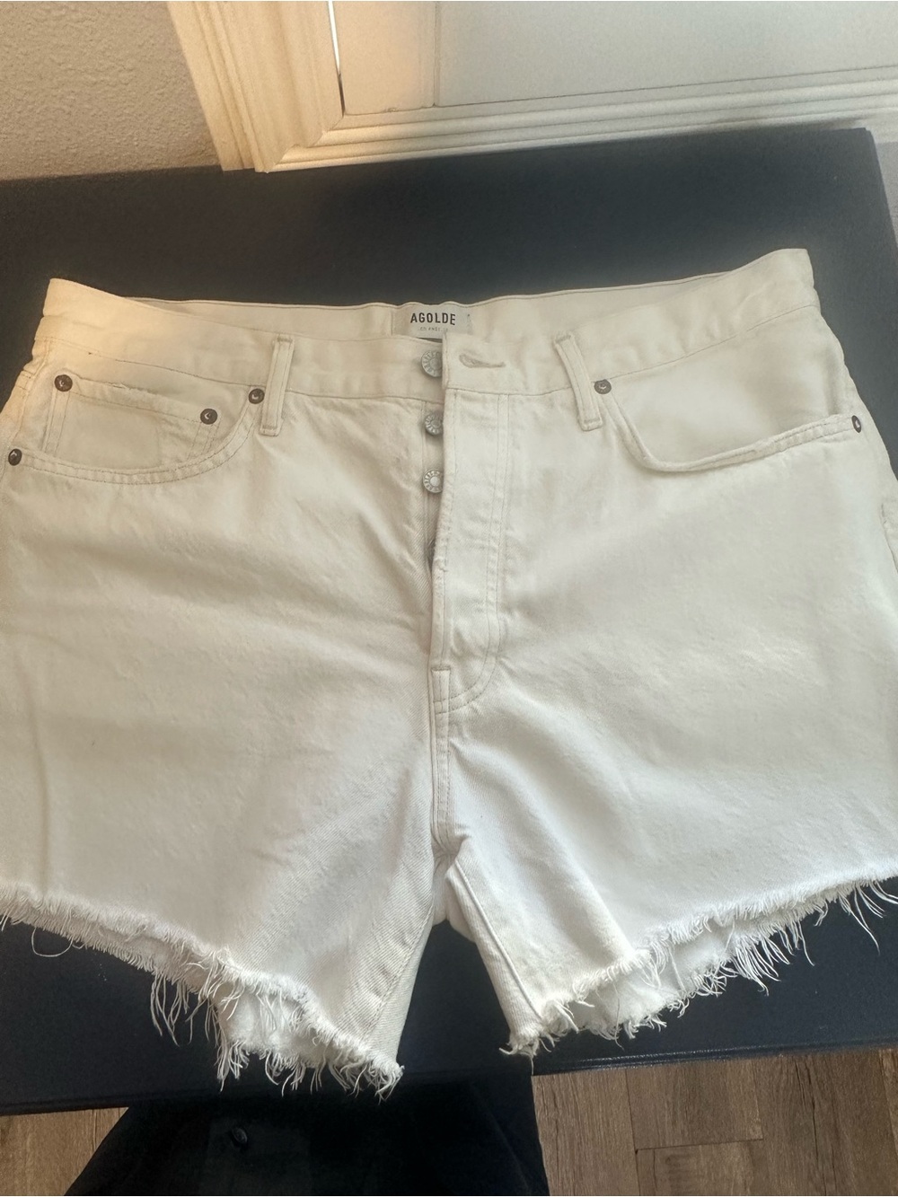 Agolde White High-Rise Frayed Hem Jean Shorts